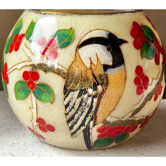 William Bill Yee Cloisonné Plique-a-Jour Bird & Berries Vase Candle Holder 4x3 - Picture 1 of 9